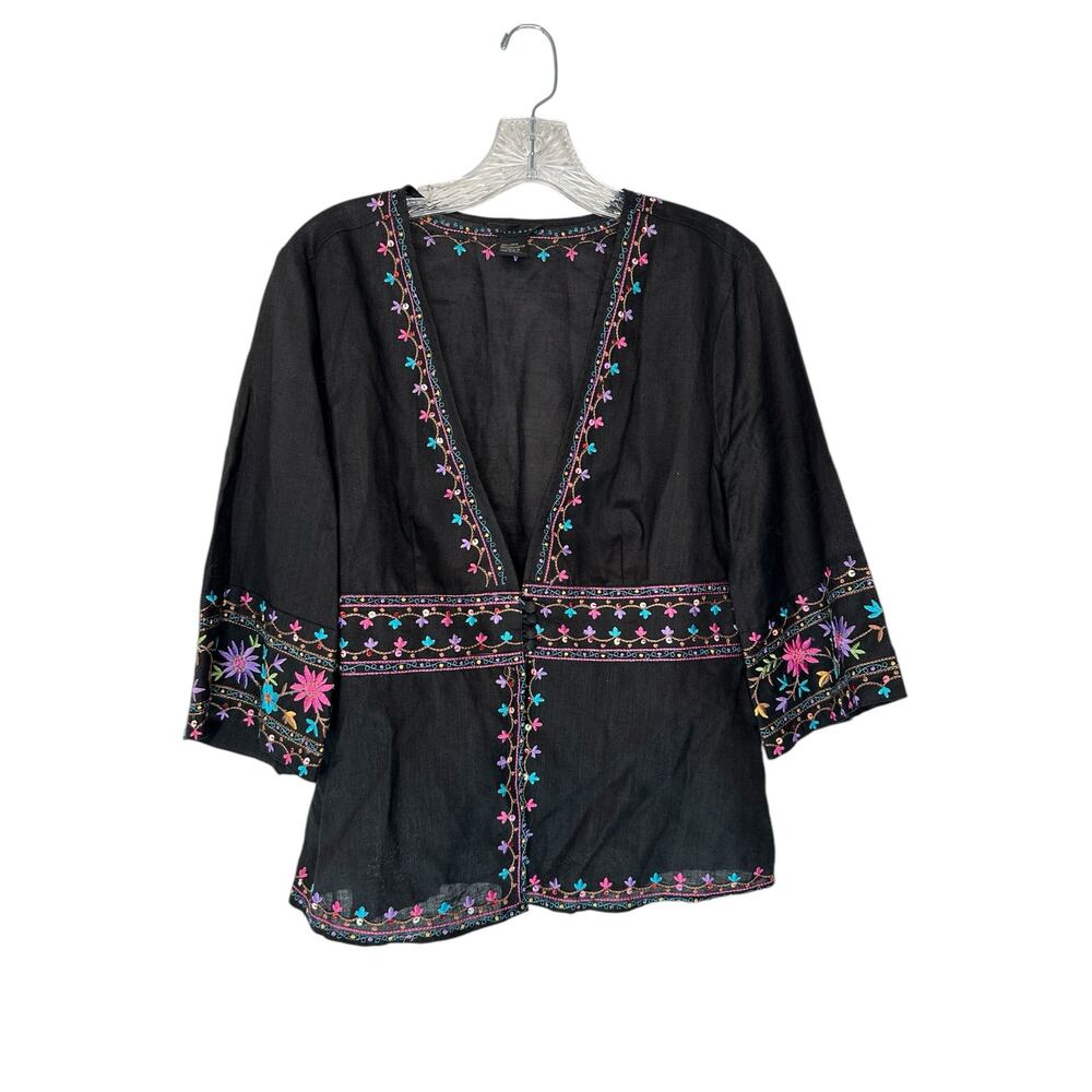 Silkland Linen‎ Embroidered Sequin Bohemian Boho Gypsy Jacket Blazer Size Large